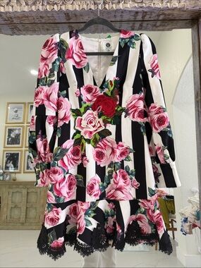 Floral Stripe Mini Dress with Lace Trim - Pink/Black
